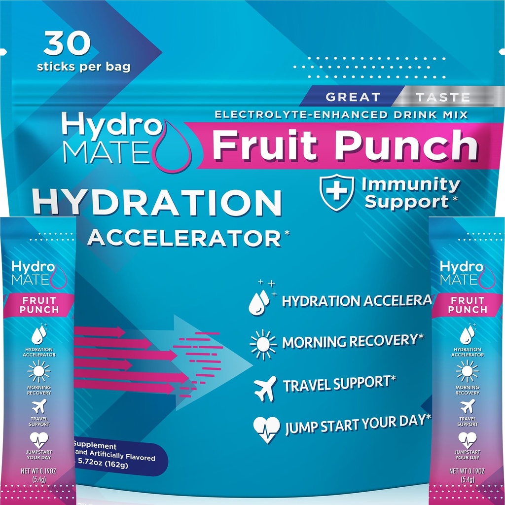 HydroMATE Electrolyte Powder Fruit Punch Hydration Packets Low Sugar 30 Count