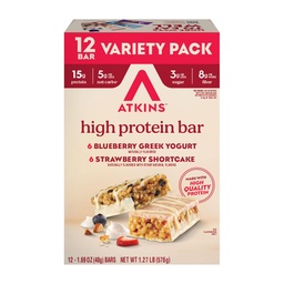 Atkins Blueberry Greek Yogurt & Strawberry Shortcake High Protein Bar, High Fiber, Keto Friendly, 12 Count (6 Bares Cada sabor)