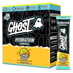 Pacotes de Hidratação GHOST, Lemon Crush, 24 Sticks, Pó de Eletrolítico - Bebida Suplemento Mix com Magnésio, Potássio, Cálcio, Vitamina C - Vegan Friendly, Livre de Soja, Açúcar e Glúten