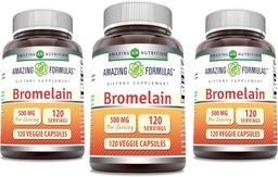 Fórmulas surpreendentes Suplemento de bromelaína 500 Mg, 2400 GDU, 120 Cápsulas Veggie, Não-GMO, Gluten Free, Made in USA (3 Pack)