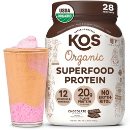 KOS Vegan Protein Powder Erythritol Livre, Chocolate - Organic Pea Protein Blend, planta baseada Superfood rico em vitaminas e minerais - Keto, Dairy Free - substituição de refeições para mulheres e homens, 28 Servings