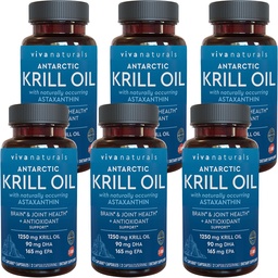 Viva Naturals Antárctico Krill Oil 1250 mg, Omega 3 EPA DHA e Astaxantina, Apoio Conjunto e Suplemento Cérebro com Propriedades Antioxidantes, Sem gosto de peixe (Pacote de 6)
