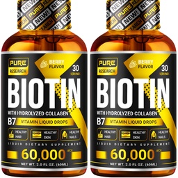 INVESTIGAÇÃO PURA Biotina & Colágeno 60,000mcg Crescimento do cabelo gotas líquidas, Suporta: unhas fortes, pele brilhante, crescimento saudável do cabelo, mais absorção do que cápsulas e pílulas (4Fl Oz)