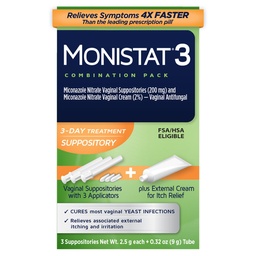 Monistat Tratamento de Infecção de 3 Dias para Mulheres, 3 Supositórios Vaginais Miconazol e Creme de alívio de coceira externa (9g Tube) Combo Pack