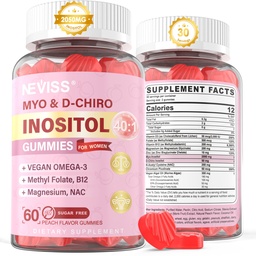 Myo-Inositol & D-Chiro Inositol Gummies Açúcar Grátis, Ideal 40:1 razão Inositol Suplemento para Mulheres w / Vegan Omega-3, D3, Magnésio, Folato de metilo, B12, Inositol Multivitamin para a saúde geral da mulher