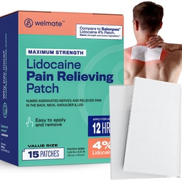 WELMATE Pain Patches Força máxima Lidocaína 4% Analgésico tópica de Numbi – Lidocaína Patches para alívio da dor de nervos e costas, Sciatica, Estirpe muscular de pescoço, Joelho, articulação do ombro, quadril, pé (15ct)