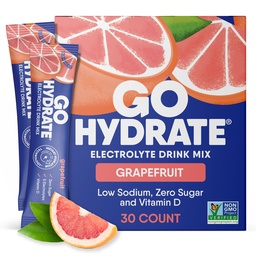 GoHydrate Eletrólitos de sódio baixo em pó Pacotes de açúcar grátis - Hidratação instantânea Mistura de bebida diária - Zero açúcar sabor embalagem de água com vitamina D - (Toranja, 30 embalagens)