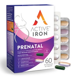 Pré-natal de Ferro Activo, Suplemento de Ferro + Vitaminas Pré-Natais para Mulheres, 30 Cápsulas Não Constipantes + 30 Multivitamins de Libertação do Tempo, Gravidez, Amamentação e Pós-parto Essenciais