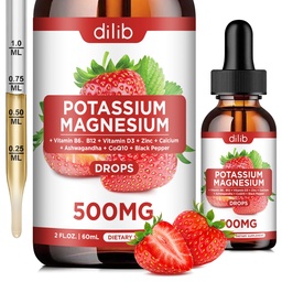 Suplemento de Citrato de magnésio de potássio, Citrato de magnésio líquido Drops 500mg com Ashwagandha, cálcio, zinco, vitamina D3, B6, B12, CoQ10 - Apoio Calmo & Osso & Músculo & Imune Saúde Vegan 2 fl oz