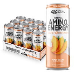 Optimum Nutrition Amino Energy Sparkling Hydration Drink, Eletrolitos, Cafeína, Aminoácidos, BCAAs, Livre de Açúcar, Pêssego Bellini, 12 Fl Oz, 12 Pack (Packaging May Vary)