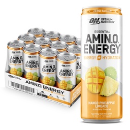 Optimum Nutrition Amino Energy Sparkling Hydration Drink, Eletrolitos, Cafeína, Aminoácidos, BCAAs, Livre de Açúcar, Mango Pineapple Limeade, 12 Fl Oz, 12 Pack (Packaging May Vary)