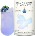 Pó de glicinato de magnésio 200mg . Alta absorção Bisglicinato Quelado com Flor de Borboleta Orgânica . Suporta alívio de estresse, calma e sono ..
