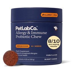 PetLab Co. Alergia & Imune Probióticos diários para cães. Suporta Produção de Levedura, Alergias Sazonais, Coceira Intermitente, Gut & Saúde Digestiva para cães de tamanho médio, Embalagem Maio Vary