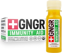 +GNGR Immunity Aid Organic Ginger, Lemon & Honey Shot - Cold Pressed Ginger Shots com Echinacea, Lemon Juice, Mel, Zinco e Vitamina D3, Imune & Digestive Support 2 fl oz (Pacote de 12)