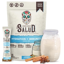 Salud 2-em-1 Pacotes de Hidratação + Imunidade Eletrólitos Pó, Horchata - Agua Fresca Drink Mix, Elderberry, Laticínios e Soja Grátis, Não-GMO, Glúten Livre, Vegan, Baixa Caloria, 1g Açúcar (15 Servings)