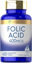 Ácido Fólico de Carlyle 400 mcg (400 comprimidos) Vegetariano, Não-GMO, Suplemento sem glúten