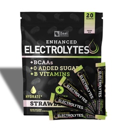 Pacotes melhorados de eletrólito em pó (Strawberry Kiwi 20 Packets) w/ 0 Açúcar +BCAAs +B-Vitaminas Suplemento de eletrólito w Zinco de potássio e magnésio para Hidratação - Eletrólitos de Keto