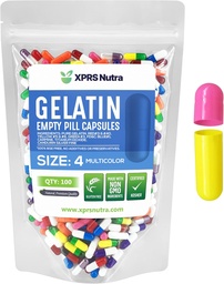 XPRS Nutra Tamanho 4 Cápsulas Vazias - 100 Count Pequena Gelatina Vazia Cápsulas - Comprimidos DIY Cápsula Preenchimento - Filável Pure Bovine Pill Caps para Do-It-Yourself Suplementos (Multi Color)