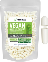 XPRS Nutra Tamanho 0 Cápsulas vazias - 100 Contar Cápsulas Veganas Vazias - Pílulas Vegetarianas - Enchimento de cápsula vegetal DIY - Veggie Pill Caps para Suplementos Do-It-Yourself (Branco)