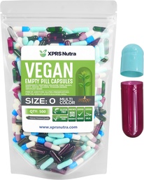 XPRS Nutra Tamanho 0 Cápsulas vazias - 500 Contagem Cápsulas Veganas Vazias - Pílulas Vegetarianas - DIY Cápsulas Vegetais Preenchimento- Veggie Pill Caps para Do-It-Yourself Suplementos (Multi Color)