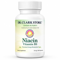 Dr. Clark Niacin (Vitamina B3) Suplemento – 25mg, 100 Cápsulas de Gelatina, suporta a circulação e níveis de colesterol saudável
