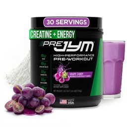 JYM Supplement Science Pre JYM Grape Candy Pré-treino em pó para homens e mulheres, BCAAs, Nootrópicos, Creatina HCI, Citrulina, Beta-Alanina, Betaína, Taurina, Huperzina, 30 Servings