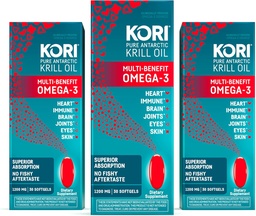 Kori Krill Oil Omega 3 Suplemento, Antárctico Krill Oil com Absorção Superior vs Óleo de Peixe, 1200mg Softgels, 30 Softgels, EPA & DHA (Pacote de 3)