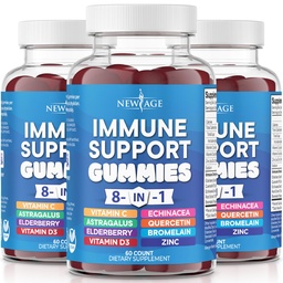 NOVA IDADE 8 em 1 Suplemento de reforço de suporte imunológico com Astragalus Root, Vitamina C e Zinco 50mg, Vitamina D 5000 UI, Quercetina e Bromelaína (8 em 1 chicletes (Pacote de 3))
