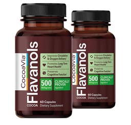 CacauVia Cardio suplemento de saúde, 60 dias, 500mg Cacau Flavanols, Apoiar a saúde do coração, Boost óxido nítrico, circulação de sangue, Energia, Vegan, Chocolate escuro, 120 cápsulas