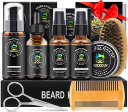 Kit de barba XIKEZAN para homens Grooming & Care Serum de barba w/2 Pack, Lavagem, Óleo, Balm, Comb, Escova, Tesoura, Bolsa, EBook, Presentes de aniversário exclusivos para homens Ele pai marido irmão meia de Natal