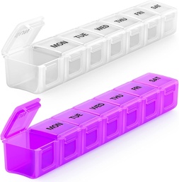 BUG HULL Organizador de comprimidos semanais Grandes 2 pacotes, Organizadores de comprimidos de viagem extra grandes, Caixa de comprimidos 7 dias, Caso de pílulas de viagem, Organizador de pílulas de medicina para vitaminas, suplementos e medicamentos (White+Purple)