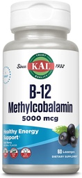 KAL Vitamina B-12 Metilcobalamina Lozenges 5000mcg, Energia Saudável, Metabolismo, Nervo & Suporte de Células de Sangue Vermelhas,* Absorção Optimal, Natural Acai Flavor, Vegan, Açúcar Livre, 60 Servings, 60 Lozenges