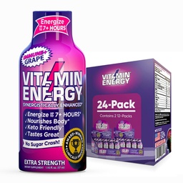 Vitamina Energia Imune+ Força extra Energia Shot Uva 24 Pack, 260mg Cafeína Natural, B-Vitaminas, Citicolina, Chá Verde, Imunidade e Foco Suporte, Açúcar Zero, Sem glúten 1,93 fl oz
