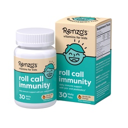 Renzo's Roll Chamada Imunidade - Infantil Crianças Suplemento de suporte imunológico com IMUSE Postbiótico, Vitaminas de crianças sem açúcar, 30 Tabs de Melty de laranja
