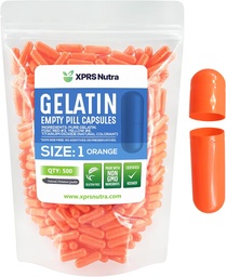 XPRS Nutra Tamanho 1 Cápsulas Vazias - 500 Count Cápsulas Esvaziadas de Gelatina - Pill DIY Cápsula Preenchimento - Pure Bovine Pill Gel Caps para Do-It-Yourself Suplementos (Laranja)