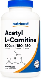 Nutricost Acetil L-Carnitina (ALCAR) 500mg, 180 Cápsulas, 180 Servimentos - Não-GMO e Glúten Grátis, 1 Cápsula por Serviço