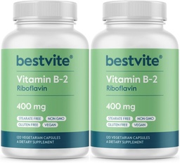 BESTVITE Vitamina B-2 (Riboflavina) 400mg (240 cápsulas vegetarianas) (120 x 2) - Sem estearatos - Vegan - Não OGM - Glúten Grátis