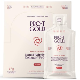 ProT Gold Colágeno Líquido Protein Shot, 17g, Nano Hydrolyzed & Grass Fed, 2g Arginina para apoio de feridas, Gluten Free, Gordura e Açúcar Livre, 0g Carbos, Não OGM, Berry, 24 fl oz, 24 Pack