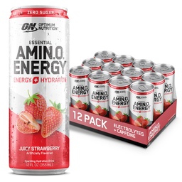Optimum Nutrition Amino Energy Sparkling Hydration Drink, Eletrolitos, Cafeína, Aminoácidos, BCAAs, Açúcar Livre, Morango Juicy, 12 Fl Oz, 12 Pack (Packaging May Vary)