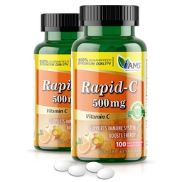 América Medic & Science Rapid-C 500mg Suplemento de vitamina C (2 pacote de 100 comprimidos) Booster de energia, suporte diário do sistema imunológico, antioxidante Vegan, ácido ascórbico não-GMO revestido para homens adultos e mulheres