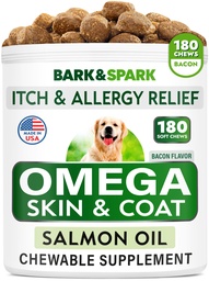 Omega 3 para cães e gatos - 180 Fish Oil Treats para pastoreio de cães, Alergia da pele, Itch Relief, Tratamento Hot Spots - Saúde comum - Pele e casaco Suplemento - EPA & DHA ácidos gordos - óleo de salmão - bacon