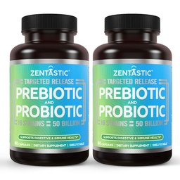 Zentastic Probióticos & Prebióticos Suplemento - 50 bilhões UFC - para homens & Women’s Imune & Digestive Health - 16 Strains - prateleira estável - 120 cápsulas Veggie de liberação tardia