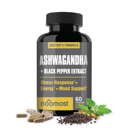 NooMost Organic Ashwagandha 400mg Cápsulas w / Extrato de Pimenta Negra como Vegan Ashwagandha Suplementos para alívio de estresse Anti, Suporte de humor natural, Energia & Focus-60 Cápsulas