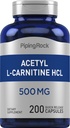 Piping Rock Acetil L-Carnitina HCL 500 mg 200 Cápsulas em Pó Não-GMO, Suplemento sem glúten