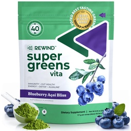 Melhor degustação Super Verdes em pó com 40+ Superalimentos – Delicioso pó verde diário com vitamina B12, zinco, vitamina C, magnésio e cálcio – suco verde Superalimento Mix - Blueberry Acai Flavor