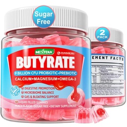 Gummies de butirato com Probiótico + Prebiótico + Postbiótico, Omega-3 500mg,9 Bilhões CFU Probióticos com Fibra, Cálcio & Magnésio, Inulina,Psilium Husk para Saúde Digestiva,Bloating Support,Sugar Free