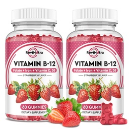 Vitamina B12 gomas complexas - 5000 mcg Metilcobalamina com ferro, vitamina C, D3 e folato, suporte energético e metabolismo, imune, B-12 Chewable Supplement for Men & Women, Strawberry Flavor, 2 Pack