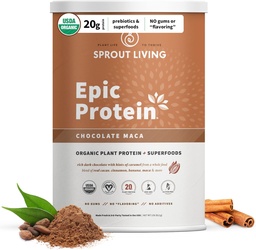 Sprout Vivendo proteína épica, Proteína baseada em plantas & Superalimentos em pó, Chocolate Maca Pó, 20 gramas de proteína orgânica em pó, Vegan, Não lácteos, Não-GMO, Glúten livre, Açúcar baixo (2 libras, 24 servir)