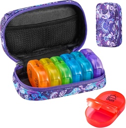 Serfeymi Semanal viagem pílula organizador 2 vezes um dia AM PM atualizado Rainbow pill Box 7 dia com portátil Zipper Canvas pill caso, medicina organizador para pílulas, vitaminas, óleo de peixe - roxo 01
