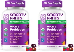 SmartyPants Organic Toddler Multivitamin Gummies: Probióticos,Omega 3 (ALA),Vitamina D3,C,Vitamina B12,B6,A,K&Zinc,Beta Caroteno,Gluten Free,Três Flavores de Fruta, (fornecimento de 30 dias),60 Contagem (Pacote de 2)